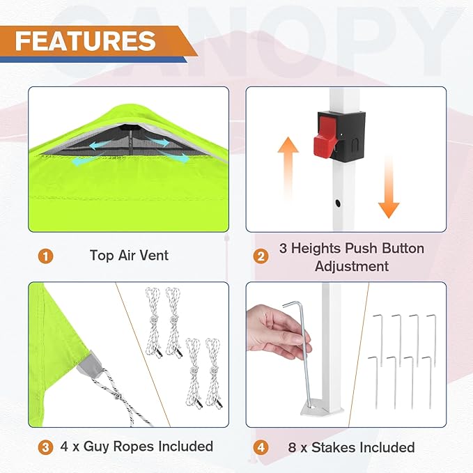 EAGLE PEAK Pop Up Canopy Tent with 1 Sidewall, Easy Setup Event Tent, Outdoor Sun Shade, Wheeled Carry Bag, Stakes and Guy Ropes, Instant Canopy 10x10, Neon Green