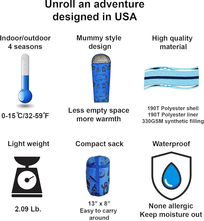 KidzAdventure Mummy Style 32 – 59F Kids Sleeping Bag with Pillow Sleeve, 4 Season, Lightweight and Backpacking Style, Ideal for Camping, Sleepover, Boys, Girls, Youth and Toddlers