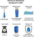 KidzAdventure Mummy Style 32 – 59F Kids Sleeping Bag with Pillow Sleeve, 4 Season, Lightweight and Backpacking Style, Ideal for Camping, Sleepover, Boys, Girls, Youth and Toddlers