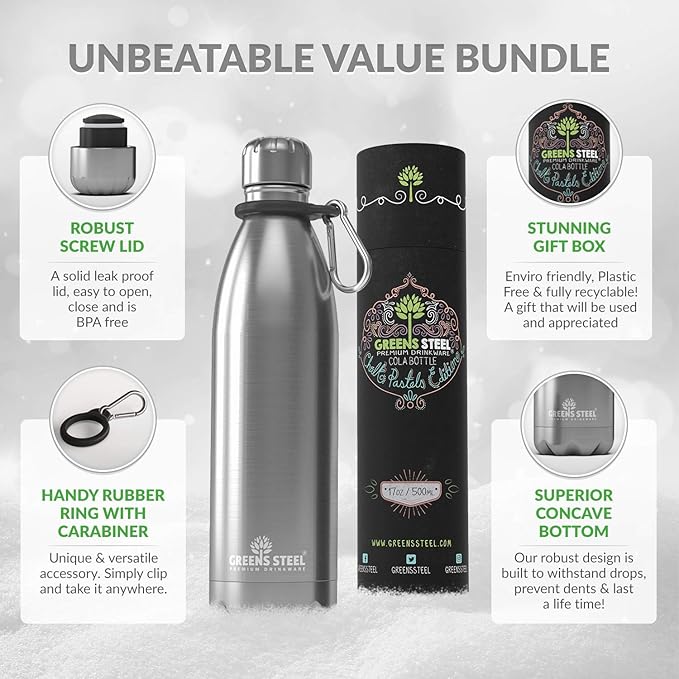 Greens Steel Stainless Steel Water Bottle - 17 oz, Steel | Vacuum Insulated Double Wall with Screw Lid/Leak Proof | Thermal Travel Sports Canteen Coffee Flask