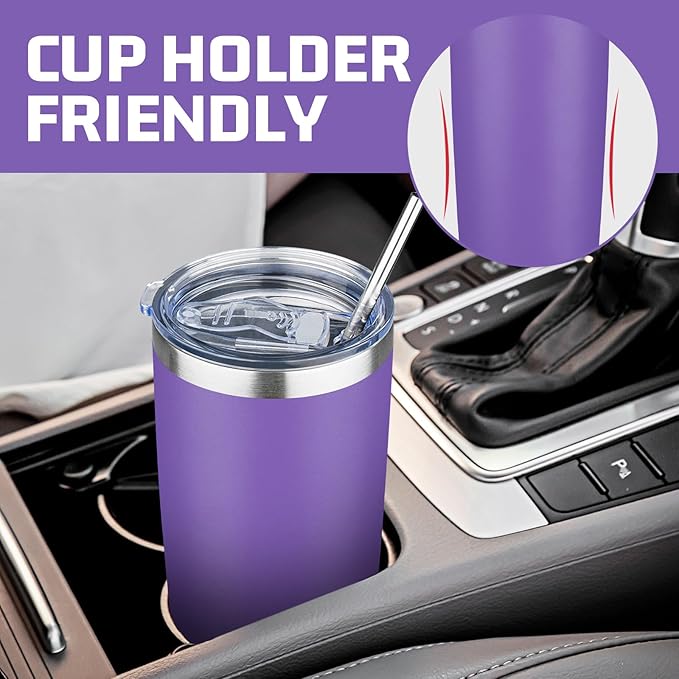 20 oz Tumbler with Lids and Straws, Stainless Steel Insulated Travel Coffee Mug, Double Wall Vacuum Insulated Tumblers, Powder Coated Coffee Tumbler for Cold & Hot Drinks (Purple)