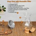 Coffee Pour Over 33.8oz 1000ml High Borosilicate Glass Pour Over Coffee Maker Set Camping with Reusable 304 Stainless Steel Filter Hand Brew Carafe Drip Suitable for Electric Ceramic Stove
