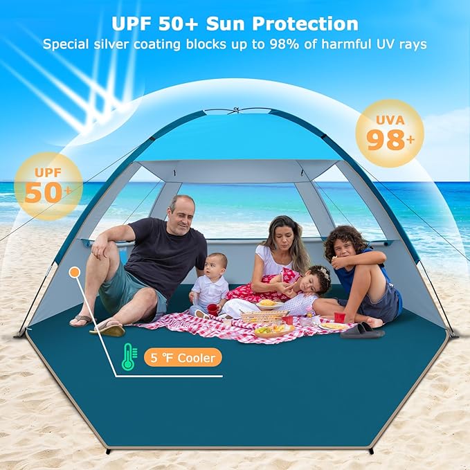 COMMOUDS Beach Tent Sun Shade for 3/4-5/6-7/8-10 Person, UPF 50+ Beach Sun Shelter Canopy Tent, Lightweight, Easy Set Up and Carry