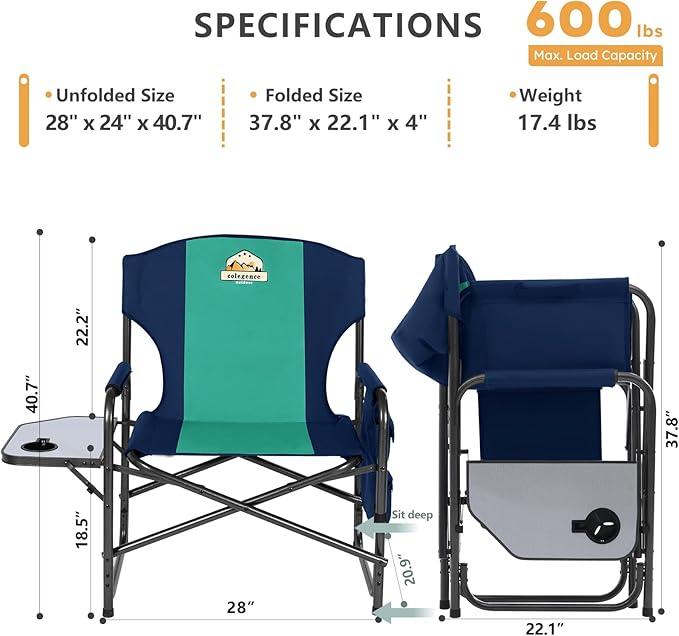 Colegence Oversized Directors Camping Chair Support 600 LBS, Heavy Duty Folding Outdoor Chairs with Detachable Side Pocket and Adjustable Side Table for Outside Beach,Lawn,Fishing,Dark Blue