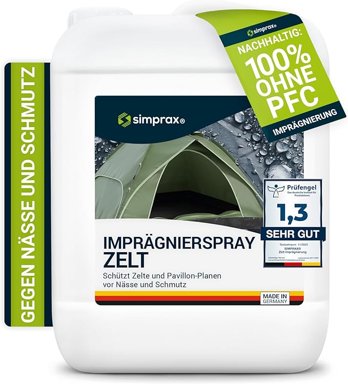 simprax® Tent Waterproofing Spray - Certified Eco-Friendly, UV-Stable & Biodegradable Waterproof Spray | Made in Germany | Waterproofing Spray Enhances Water-Repellency for Tent & Technical Textiles