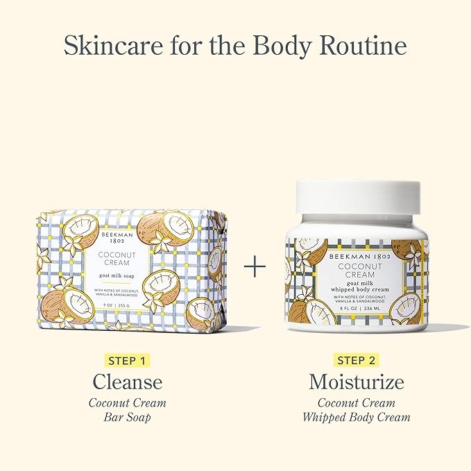 Beekman 1802 Coconut Cream 3-Piece Body Care Sampler Set – Goat Milk Skincare Mini Set with Body Cream, Hand Cream & Bar Soap – Travel Size Gift Set
