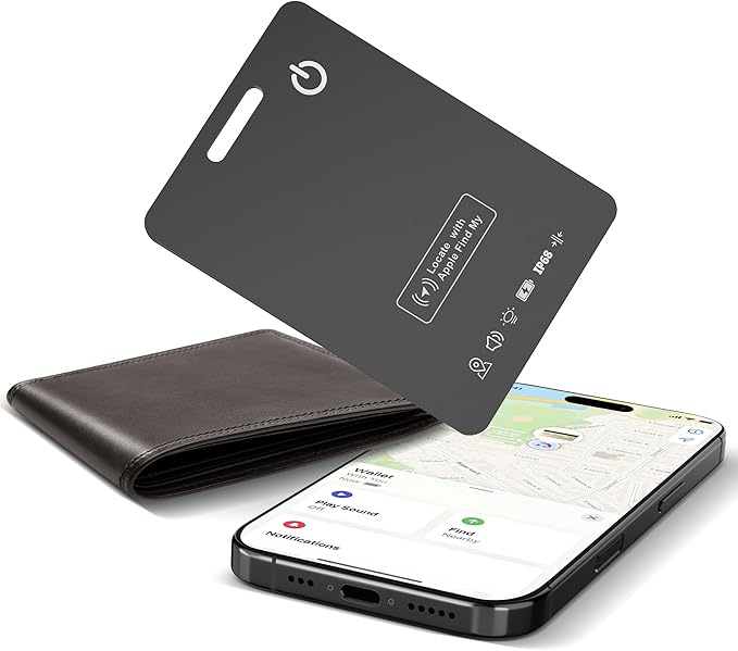 Wallet Tracker Card (iOS Only), Rechargeable Bluetooth Smart Tracking for Apple Find My Compatible Anti Tracker for Men Women Slim Item Locator for Purse Passport Key Luggage Tag (1Pcs/Black A)