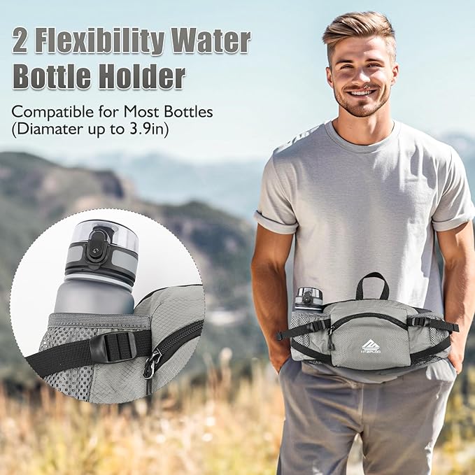 Fanny Pack Waist Bag with Water Bottle Holder for Men Women Running Hiking Travel Dog Walking Workout Cycling Outdoor (Grey)