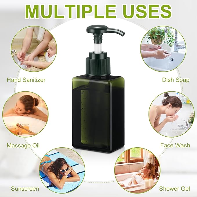 Domensi 12 Pcs 100ml /3.4 oz Pump Bottle Mini Travel Bottles Small Dispenser Containers Plastic Pump Lotion Dispenser Empty Square Travel Size Containers Toiletries (Green,Brown)