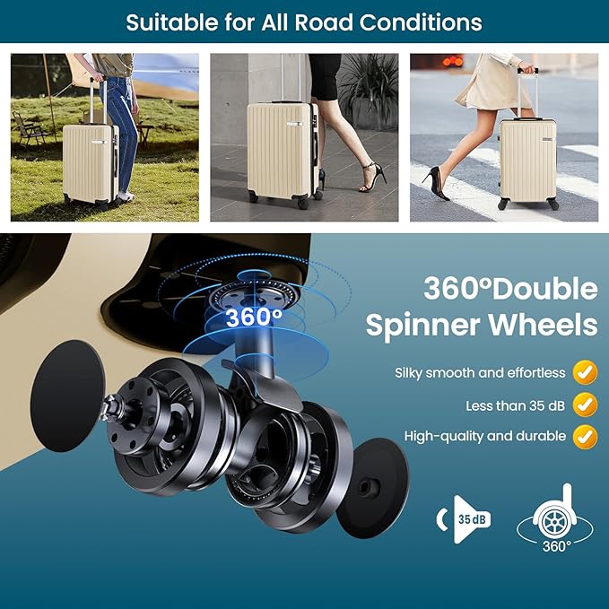 Hoteel 5 Piece Luggage Set (4-YEAR WARRANTY) ABS+PC Hardshell Carry on Suitcase with Spinner Wheels & TSA Lock for Men and Women, Rolling Suit Case for Plane, Travel, Business, Beige (20/24/28/DB/TB)