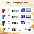 Travel Essentials 90 Degree Charging Cable, 4 in 2 USB A/USB C Multi Charging Cable, Right Angle Universal Phone Charger with IP/Type C/Type C/Micro Port, Compatible with Most Cell Phones and More