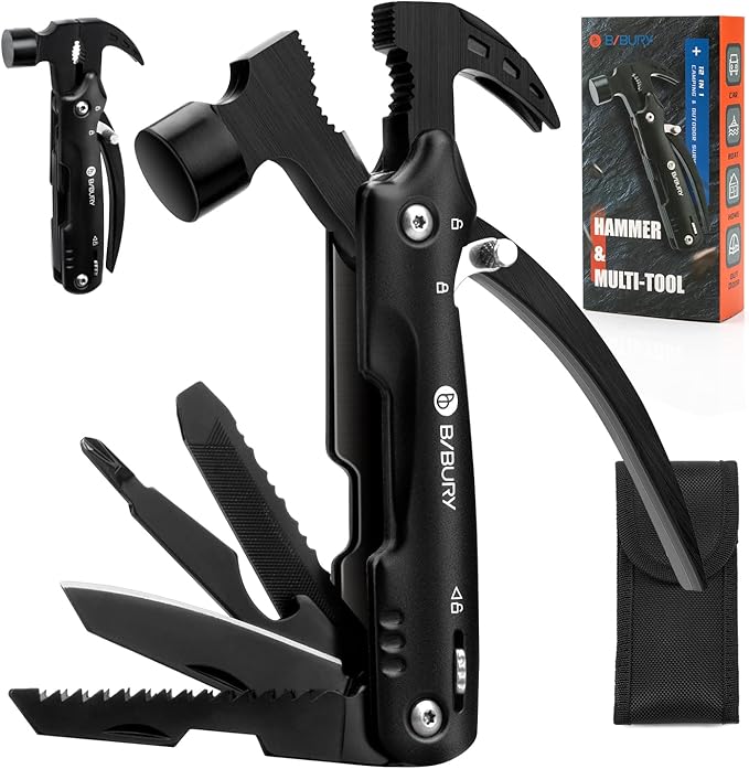 BIBURY Hammer Multitool Gifts for Dad Husband Grandpa, 12 in 1 Survival Gear Outdoor Multi Tool, Fathers Day Dad Gifts from Daughter Son and Wife, EDC Multi-Tool for Outdoor, Camping, Hiking