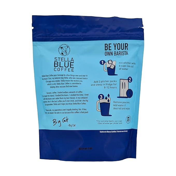 Stella Blue Cold Brew Coffee Packets, Electric Avenue Blend, Dark Roast Ground Coffee, Toffee, Dark Chocolate, and Subtle Smokey Notes, 100% Arabica, 6 Brew Packets, Makes 24 Bold Cups