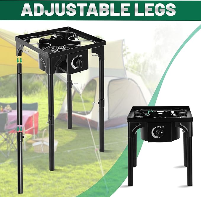 Outdoor Camping Stove, 130000 BTU, Propane Gas Cooker with Detachable Legs, High Pressure Single Burner, 30 PSI Regulator