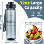 OLDLEY 32 oz Water Bottle, Motivational Water Bottle with Time Marker, Sports Water Bottle With Strap, Leakproof & BPA Free Large Water Bottles for School, Gym, Travel, Tritan, Transparent Ink Blue