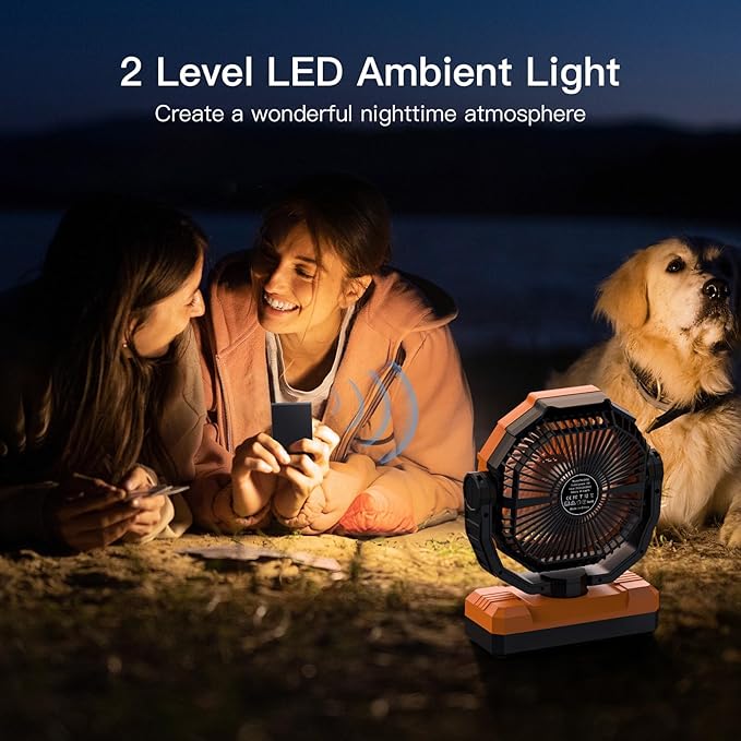 FRIZCOL 3-in-1 Camping Fan - Portable Fans Rechargeable - 24000mAh Battery Powered Fan(140Hrs) with Light & Remote for Indoor, Outdoor, Tent, Travel, BBQ, Fishing, Jobsite - Orange