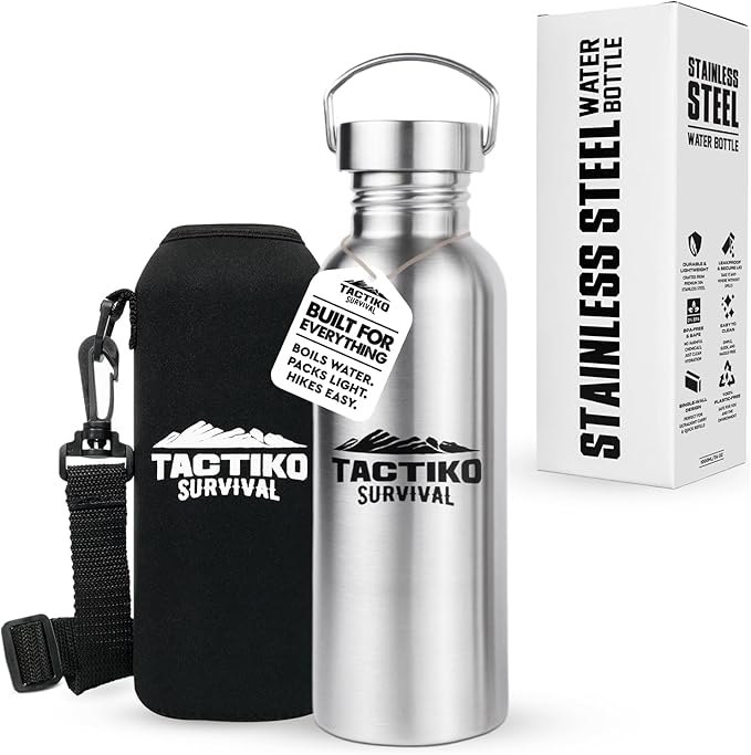 Tactiko Survival Stainless Steel Wide Mouth Water Bottle, Single Wall Boil-Safe, Leakproof, BPA-Free with Carry Sleeve and Strap for Camping, Hiking, Outdoor Prep (Black, 25 oz / 750 ml)