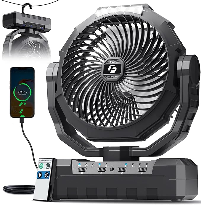 FRIZCOL 3-in-1 Camping Fan - Portable Fans Rechargeable - 24000mAh Battery Powered Fan(140Hrs) with Light & Remote for Indoor, Outdoor, Tent, Travel, BBQ, Fishing, Jobsite - Black