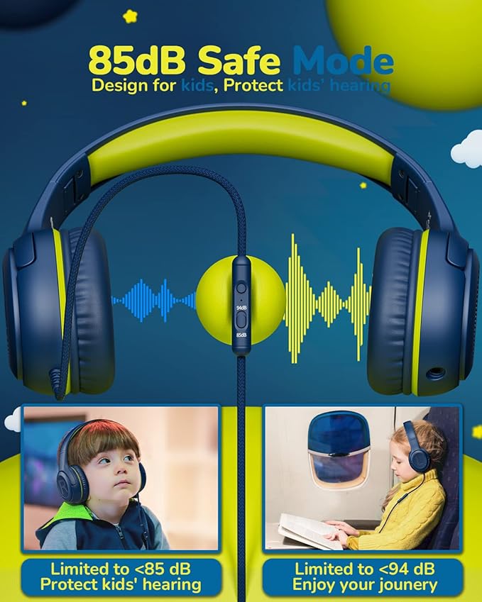 awatrue Kids Headphones for School Travel, 85/94dB Safe Volume Limit, 3.5mm Jack, HD Mic, Portable Wired Headphone with Shareport, Stereo Sound On-Ear Headphones for Toddler Kids Girls Boys Bluegreen