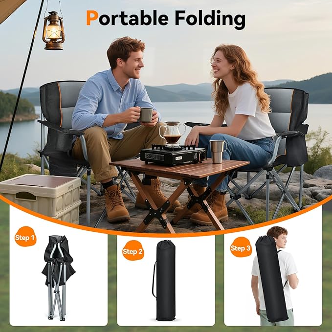 Camping Chairs for Adults Heavy Duty, Oversized Fully Padded Folding Chairs for Outside with Cup Holder, Cooler Bag and Side Pocket, Support 400 Lbs, Versatile for Sports,Outdoors & Lawns
