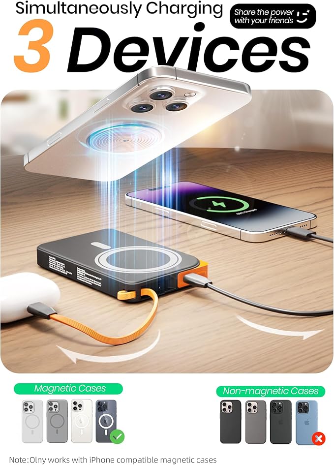 for Magsafe Power Bank, Magnetic Portable Charger with Stand, 10000mAh Wireless Battery Pack Fast Charging with Built in Cable(USB C), Powerbank for iPhone17/16/15/14/13/12 Travel & Daily, White