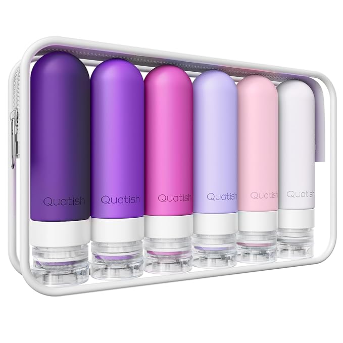 Quatish Travel Bottles for Toiletries 6 Pack, Original Patented Leakproof 3 oz Tsa Approved Travel Size Containers, BPA Free Silicone Shampoo and Conditioner Bottles, Camping Essentials, Purple