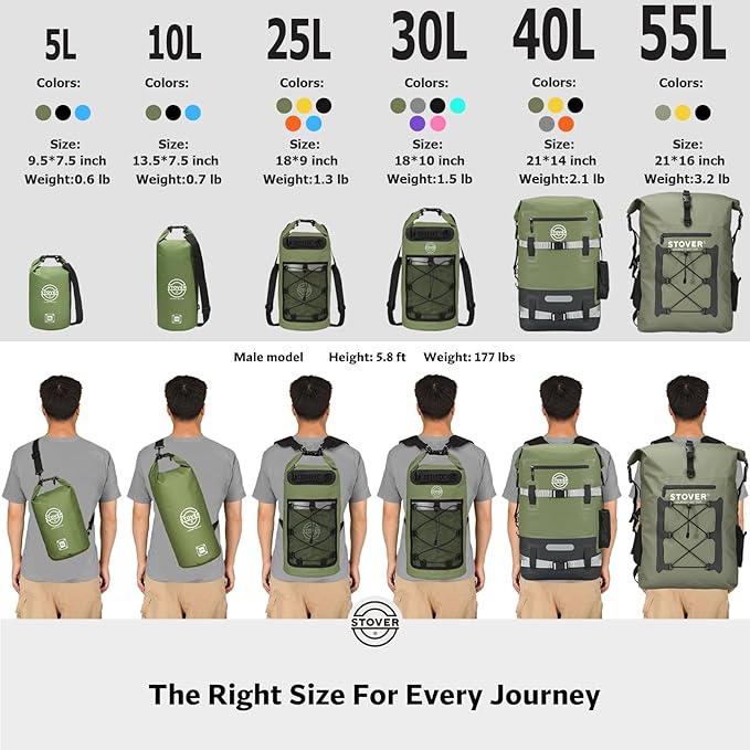 STOVER 5/10/25/30/40/55L Waterproof Backpack- Floating Dry Bag for Kayaking, Travel, Beach, Hiking, & Camping, Men/Women