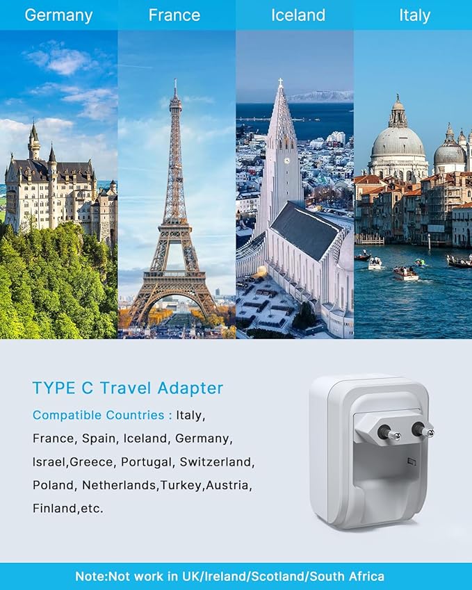 3 Pack European Travel Plug Adapter, VINTAR Foldable International Plug Adapter with 2 AC Outlets and 3 USB Ports(2 USB C),Type C Plug Travel Essentials to Most Europe EU France Germany Spain Italy