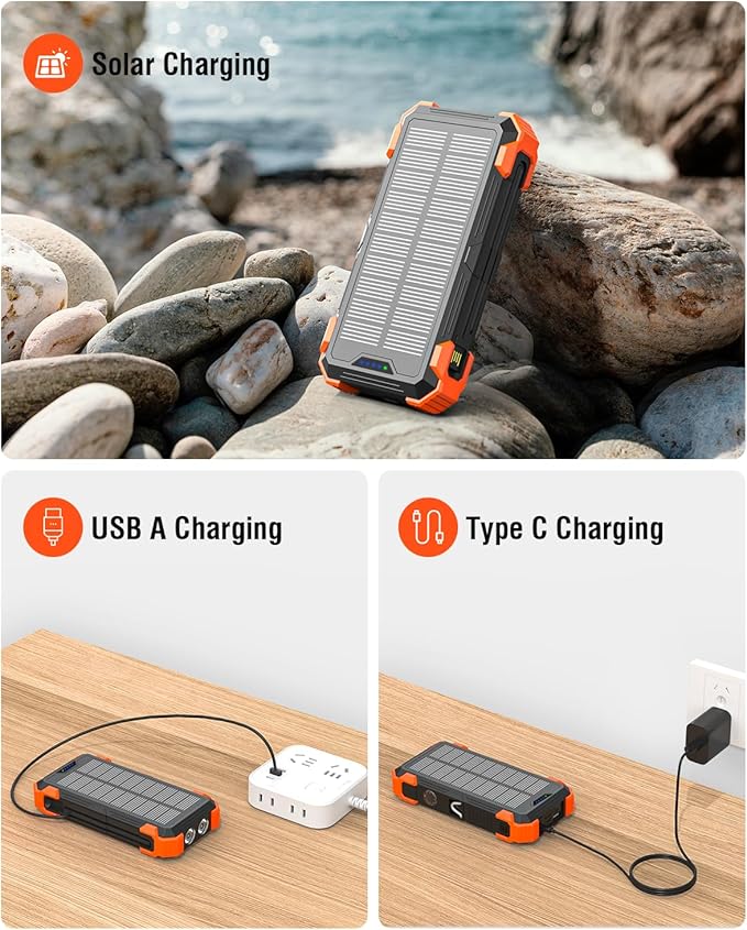 Solar Charger Power Bank, 42800mAh Wireless Portable Charger with USB-C in/Output, QC3.0 Fast Charging 15W 4 Ports Outdoor Battery Pack Built-in Dual Led Flashlights for iPhone Samsung etc