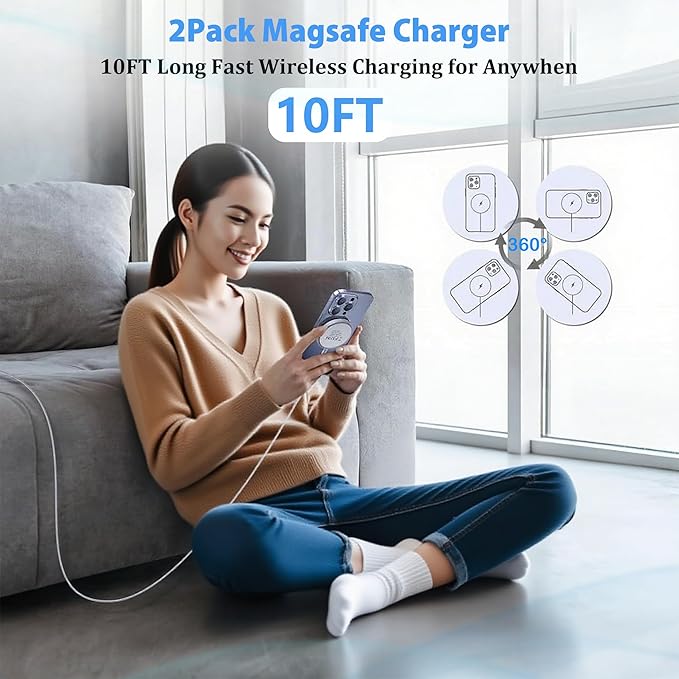 10FT Magnetic Wireless iPhone Charger 2Pack for Apple Magsafe Charger, Fast Mag Safe Charging iPhone Wireless Charger, Long Pad for iPhone 17 Pro Max/Air/17 Pro/16e/16 Pro/15/14/13/12/AirPods4/3/Pro3