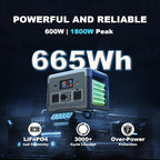 Portable Power Station 600W 665.6Wh LiFePO4 Battery Backup Solar Generator with 2x 600W AC Outlets(Surge 1800W),LED Lights,Music Player&UPS Function for Home,RV,Campinp
