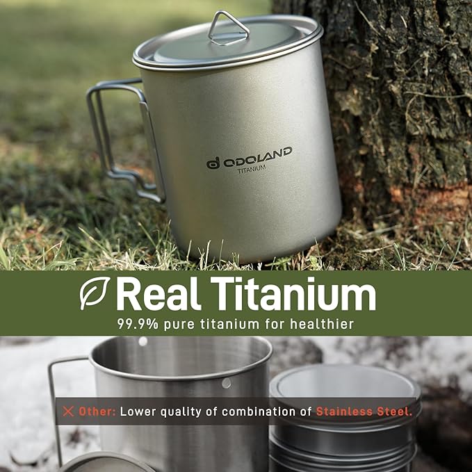 Odoland Titanium Camping Cookware 420ML Titanium Pot with Lid and Spork Lightweight Camping Pot for Backpacking Hiking Traveling and Picnic