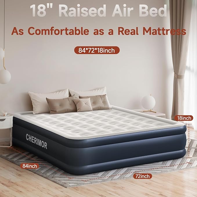 California King Size Air Mattress with Built in Pump, 18" Luxury Thick Inflatable Blow up Mattress for Guests & Home, Fast Self-Inflating Air Bed with Carry Bag for Camping