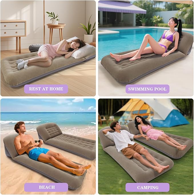 Inflatable Camping Air Mattress with Adjustable Backrest, Flocking Portable Recliner Air Sofa Bed, Blow-Up Sleeping Pad Sofa for Outdoor Hiking, Beach, Tent, Travel – Fast Inflation with Pump