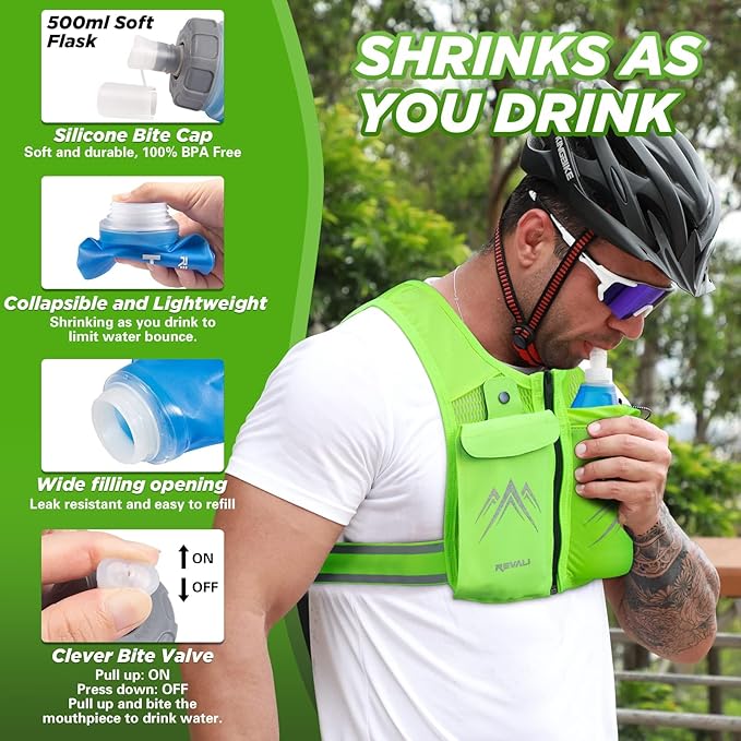 REVALI Zip Reflective Running Vests with Hydration Bottle, Adjustable Waistband & Breathable Material, Chest Pack Gear Phone Holder for Men & Women