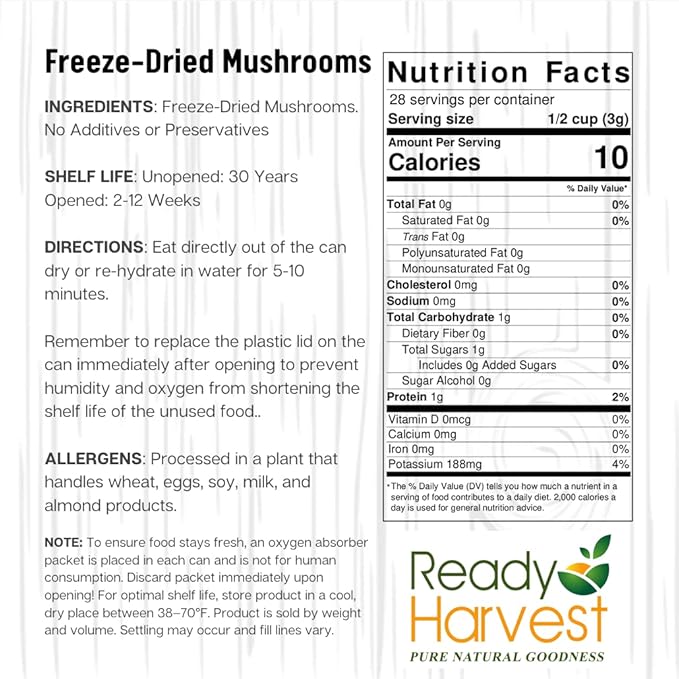 Ready Harvest Freeze-Dried Mushroom for Emergency Food Supply | Camper Must-Haves Camping Essentials | Hurricane Preparedness Items, Survival Food, Pantry Staples | #10 Can | 25-Year Shelf Life