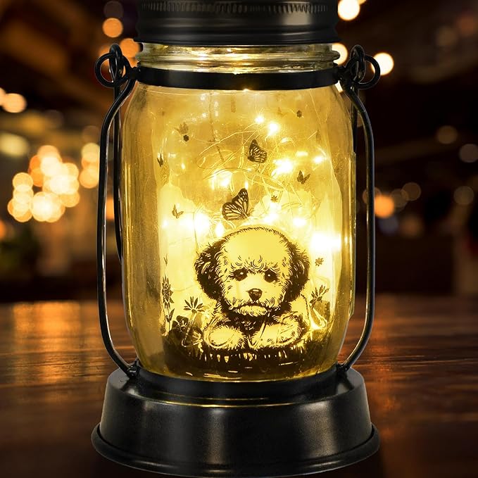 Bichon Dog Gifts for Women/Men Bichon Frise Solar Lanterns Birthday Dog Lovers Lantern Pet Loss Dog Memorial Lights Solar Garden Decoration for Yard, Patio,Backyard,Porch Torches Light