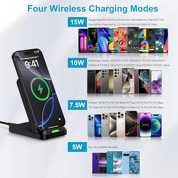15W Samsung S25 Wireless Charger Fast Charging Stand for Galaxy S25 Ultra/S25 Plus/S24 Ultra/Z Flip7/Fold7, Android Wireless Charging Station with QC Adapter for Pixel 10 9 Pro XL/Fold/8 iPhone 17 16