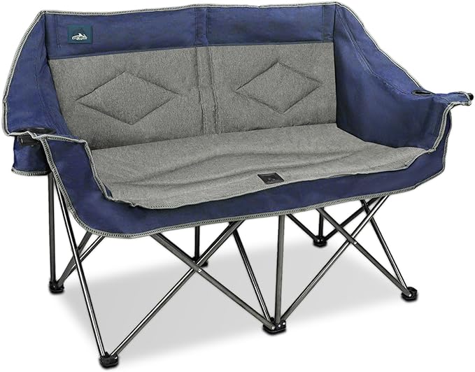 Northroad Folding Loveseat Camping Chair Portable Double Duo Full Padded Garden Chair for 2 Person Sofa w/2 Cup Holder,Wine Glass Holder,Support 600lbs for Picnic Beach Travel (Blue)