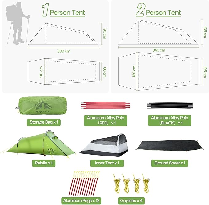 Night Cat Ultralight Tunnel Tent: Waterproof Lightweight Two People Backpacking Tent for Outdoor Camping Hiking Treeking with Double Layers Aluminum Poles and Footprint
