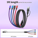 Travel 4 in 2 Multi Charging Cable with Dual IP, Tinned Copper Multi Phone Chargers for All Devices with IP/IP/Type C/Micro Port, Compatible with Most Cell Phones/Tablets and More (1Pack, 5FT)