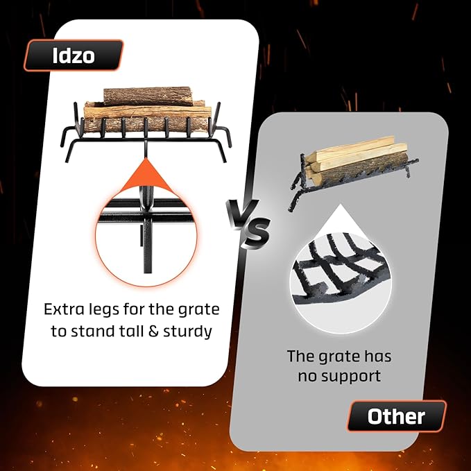 IDZO Solid Steel Fireplace Grate 30 Inch, Upgraded Fireplace Log Grate with Extra Leg for Sturdy Stand & Better Air Flow, Quick Assembly Bar Fire Grates for Indoor & Outdoor