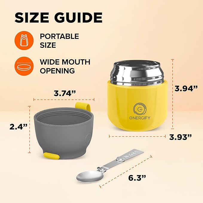 ENERGIFY Vacuum Insulated Food Jar. Large 12oz Bowl incl. Folding Spoon, Cup. Wide Mouth Keep Hot & Cold Drinks Soup Lunch Container for Adults. BPA-Free Stainless Steel, Leak Proof Yellow