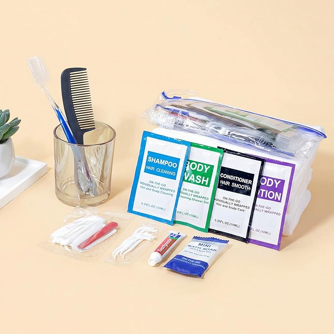 10 Set Personal Hygiene Kit Bulk,12-IN-1 Individually Wrapped Blue Basic Toiletry Supplies Disposable Travel Toothbrushes and Hotel Vanity Set for Homeless,Guests,Charity