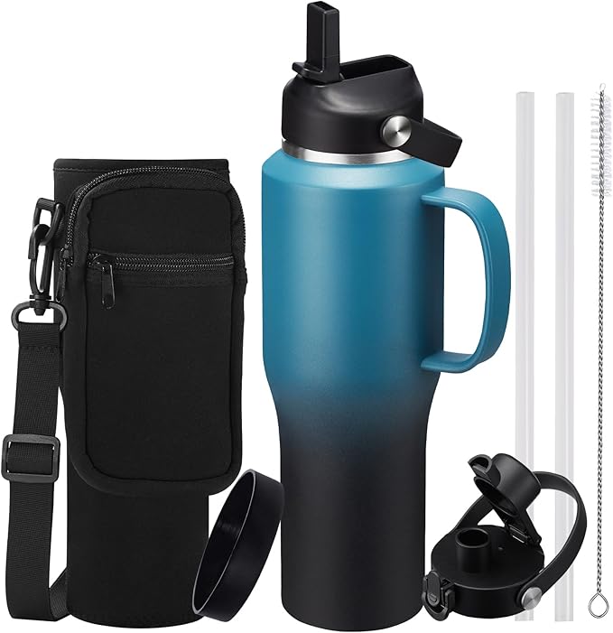 32 40 OZ Insulated Water-Bottle with Handle - Straw & Chug Lid, Strap Carrier Bag & Protective Boot, Stainless Steel Coffee Travel Tumblers, Leak-Proof, Skinny Flask Fit in Car Cup Holder