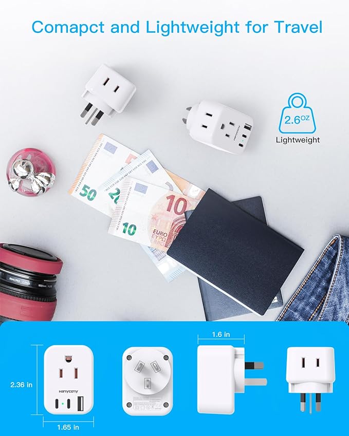 HANYCONY US to Australia New Zealand Power Plug Adapter, Type I Adapter Plug 2 Outlets 3 USB Ports(2 USB C), Australia Travel Plug Adapter for USA to Australian AU China Argentina Fiji Essentials