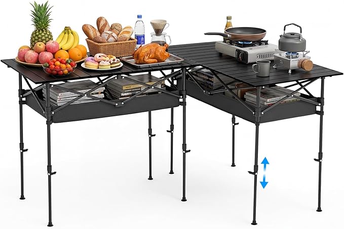 Briwooody 2 Pack Portable Folding Camping Table, Adjustable Height Aluminum Roll-Up Outdoor & Indoor Picnic Table with Large Carry Bag for Beach, BBQ, Travel & Backyard (47.2 x 21.65 Inches)