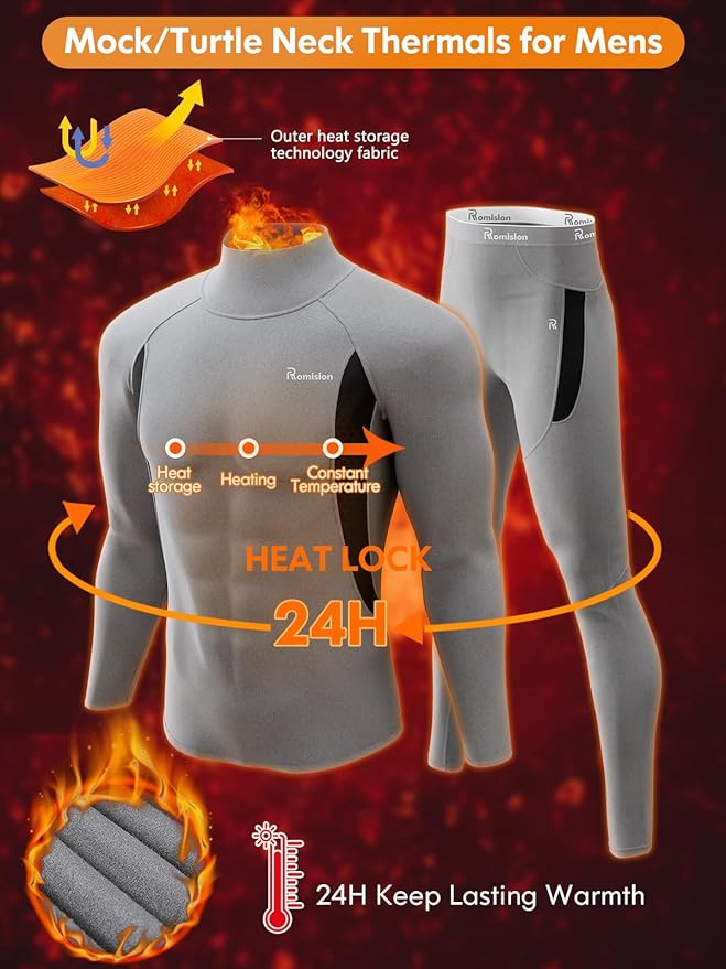 romision Thermal Underwear for Men Long Johns Fleece Lined Hunting Gear Bottom Top Set Base Layer for Cold Weather Gift