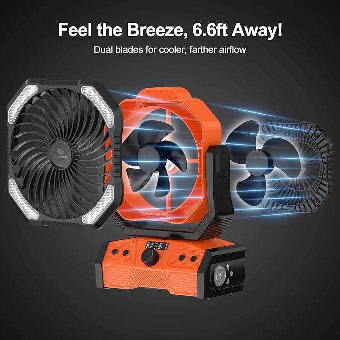 Odoland 40000mAh Camping Fan with LED Light, Battery Operated Oscillating Desk Fan with Remote & Hook, Rechargeable Outdoor Tent Fan with Timer for Hurricane Power Outage Travel Jobsite RV, Orange