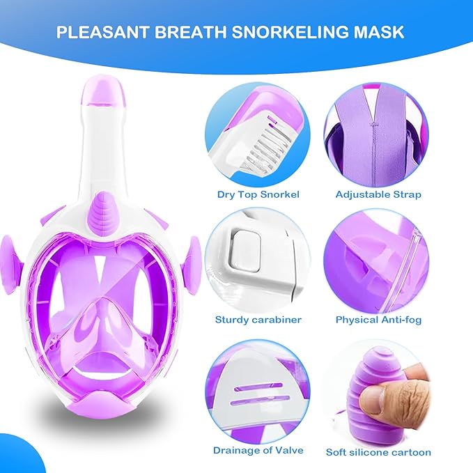 Kids Snorkel Mask, Full Face Snorkel Mask for Kids 4-16, 180 HD View Anti-Fog Anti-Leak Snorkel Mask for Kids Snorkel Set Snorkeling Gear for Kids